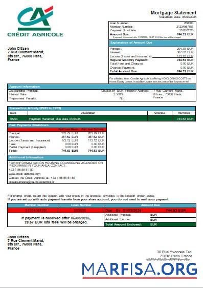 Realistic France Credite Agricole Bank mortgage statement scr download for verification